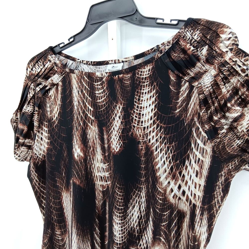 Worthington Blouse Women Large Brown Animal Print Boat Neck Short Sleeve Top - Picture 2 of 6